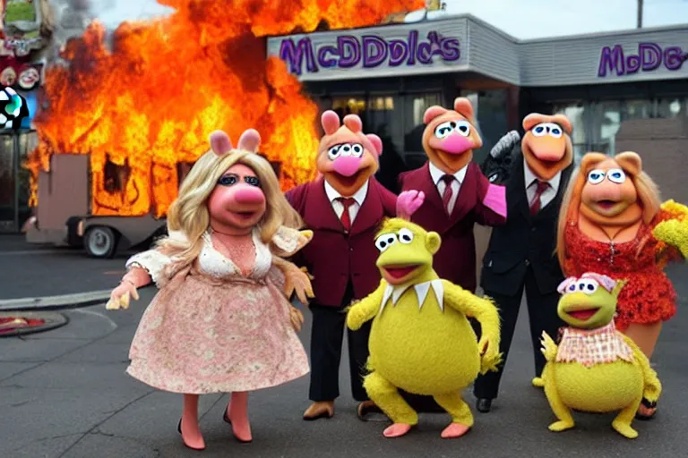 Prompt: The Muppets Miss Piggy posing for a photo in front of a McDonalds covered in fire and flames