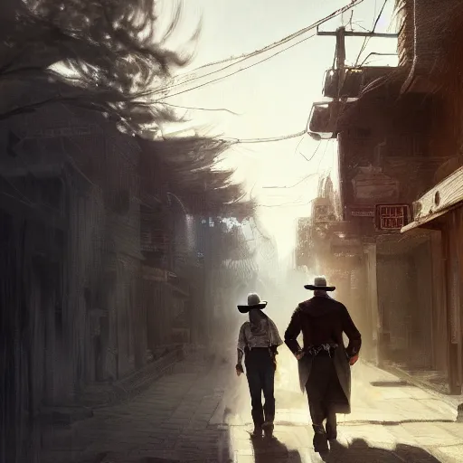 Image similar to portrait of a man with a long duster, grey hair and a cowboy hat walking in an old west town, harsh good looking face, middle aged, drawn by Ruan Jia, disco elysium style, fantasy art, dramatic lighting, digital art, 8k, highly detailed