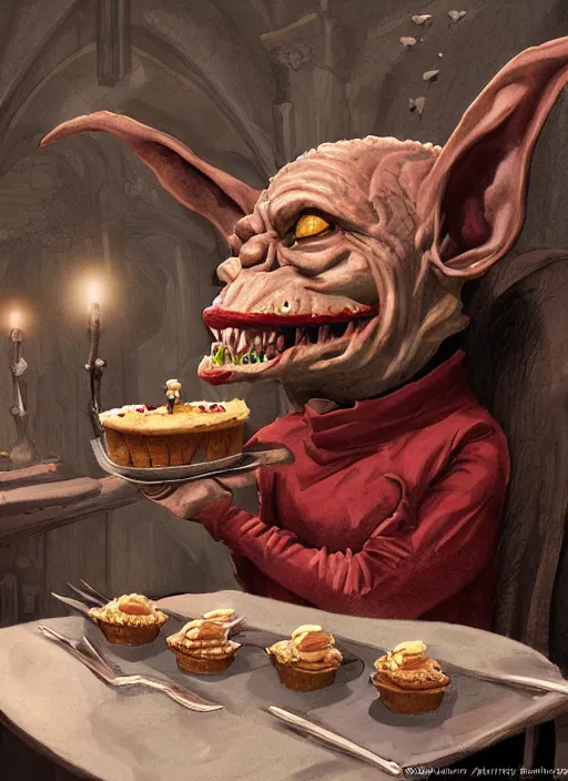 Image similar to medieval goblin eating cakes, detailed digital art, trending on Artstation