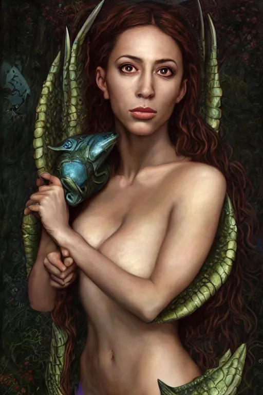 Image similar to A fantasy comic book style portrait painting of, hybrid, Oona Chaplin, Cory Chase, as an Atlantean, Reptilian Warrior, Mystical Valkyrie, François Boucher, Oil Painting, unreal 5, DAZ, hyperrealistic, octane render, Regal, Refined, Detailed Digital Art, RPG portrait, Michael Cheval, William-Adolphe Bouguereau, Walt Disney (1937), Steampunk, dynamic lighting, Highly Detailed, Cinematic Lighting, Unreal Engine, 8k, HD