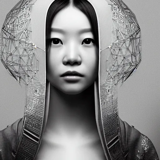 Prompt: closeup portrait of a sophisticated, fashionable cyberpunk young chinese woman, rich queen, ruler of the world, medium length straight hair, high tech jewelry, an ultrafine hyperdetailed illustration by irakli nadar, matt wisniewski style, intricate linework, porcelain skin, unreal engine 5 highly rendered, global illumination, radiant light, detailed and intricate environment