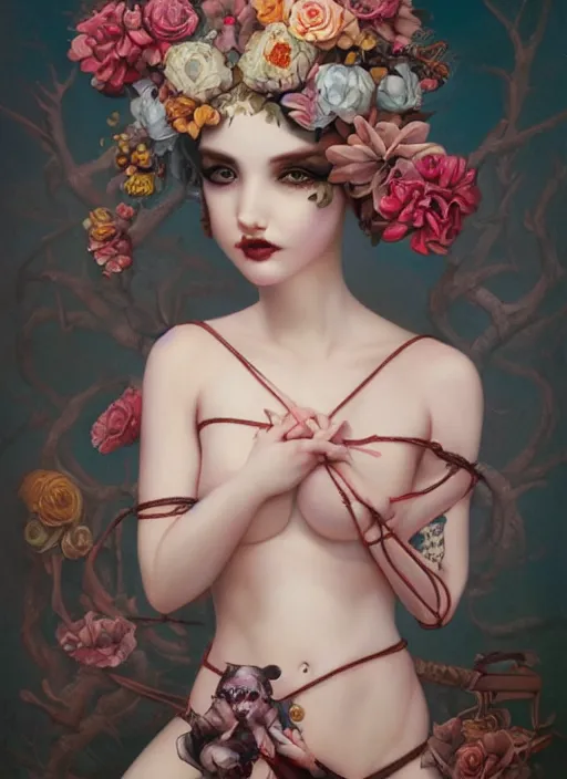 Image similar to pop surrealism, lowbrow art, realistic seductive cute woman painting, body harness, japanese shibari with flowers, hyper realism, muted colours, rococo, natalie shau, loreta lux, tom bagshaw, mark ryden, trevor brown style,