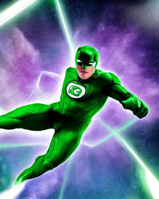 Image similar to photos of actor Christopher Reece as a Green Lantern soaring thru outer space, photogenic, spit-curl in hair, particle effects, photography, studio lighting, cinematic