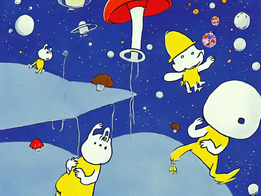 Image similar to moomins in space suits flying around with jetpacks discovering the mushroom planet, photorealistic painting, cgi, low light, movie still