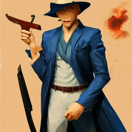 Image similar to artgerm portrait painting of a blond man in a blue suit with a sword and a pistol, asymmetrical, profile picture, organic painting, sunny day, matte painting, bold shapes, hard edges, street art, trending on artstation, by huang guangjian, gil elvgren, ruan jia, randy vargas, greg rutkowski