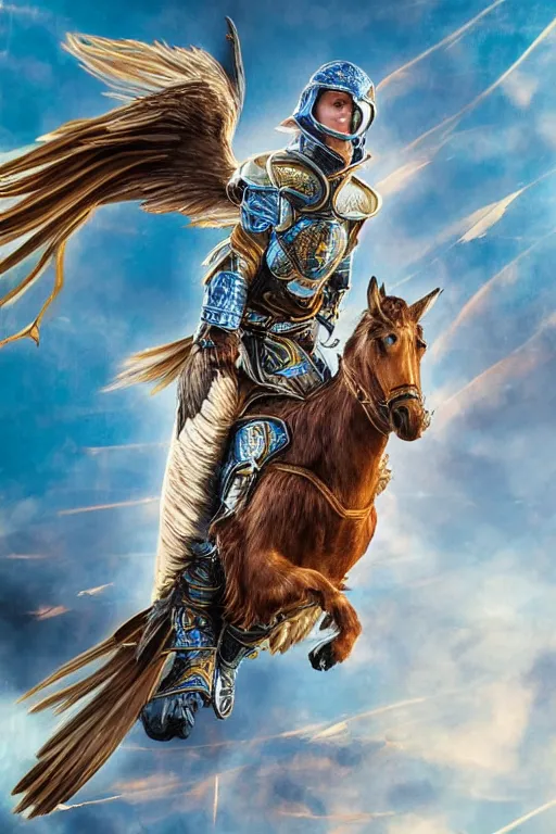 Prompt: realistic detailed photo of ladyhawke, soaring through the sky, blue eyes, woven armour with , intricate complexity, Behance, golden ratio, fibanci background, vray, rich deep colors