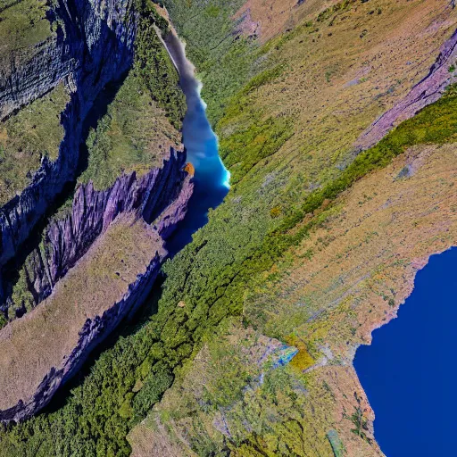 Prompt: a photorealistic colorful aerial capture of a plateau with a deep crevice at its centre with a giant blue waterfall bursting from the valley below