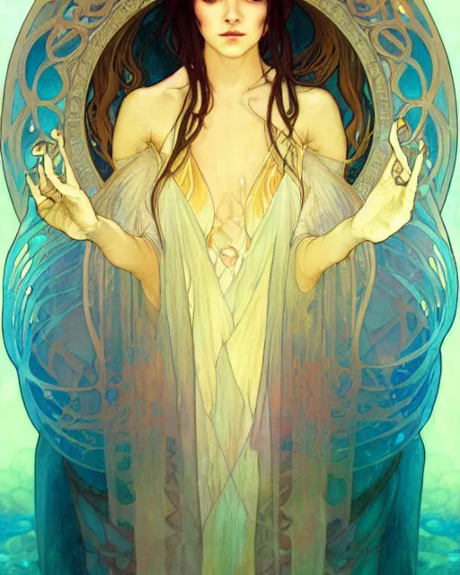 Image similar to Water priestess cloaked in ethereal fire and smoke, watercolor portrait by artgerm and alphonse mucha, anato finnstark, artstation, deviantart