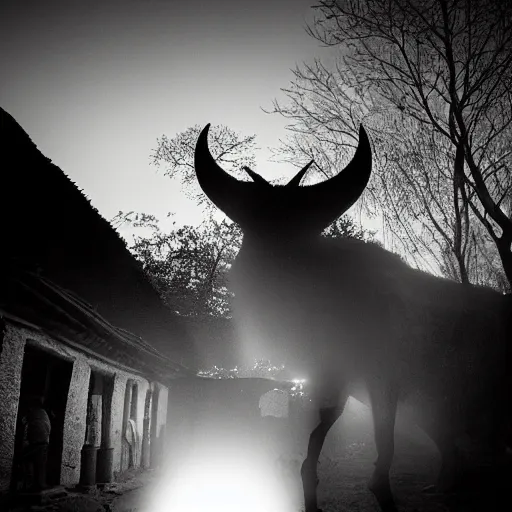 Prompt: a mythical demon roaming a village in nepal at night, very scary photo, moonlit