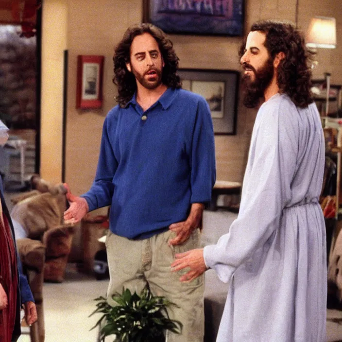 Prompt: Photo still of Jesus Christ in 1990s clothing talking with a young Jerry Seinfeld, in the style of the TV show Seinfeld (1994)