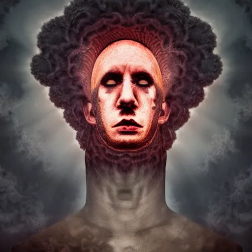 Image similar to dramatic matte portrait painting of man with black mandelbrot fractal instead of face, horror, body horror, dark art,