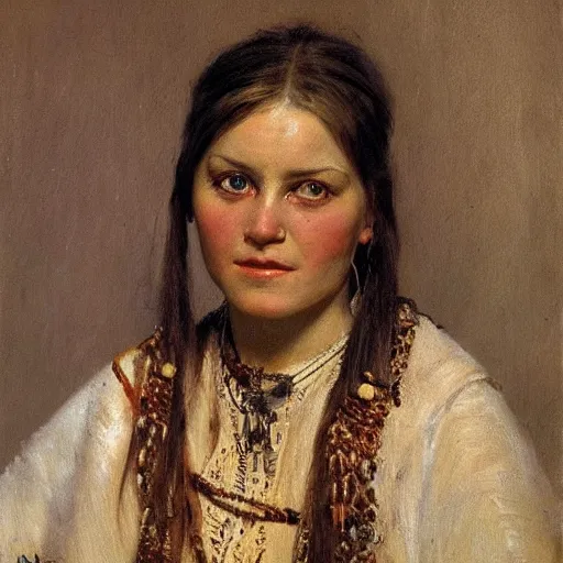 Prompt: portrait of a white - skinned tribeswoman, by nikolay makovsky.