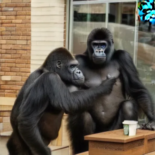 Prompt: newswire photo of the first gorillas working at a busy starbucks