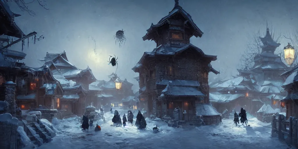 Prompt: eastern style snow covered village with spider webs. in style of greg rutkowski and hyung - tae kim, trending on artstation, dark fantasy, great composition, concept art, highly detailed, dynamic pose, vibrant colours, epic, 8 k.