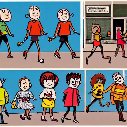 Image similar to in the style of 1960s, A scary robot is chasing after a bunch of scared kids down the street, fully detailed , fully detailed kids faces in focus