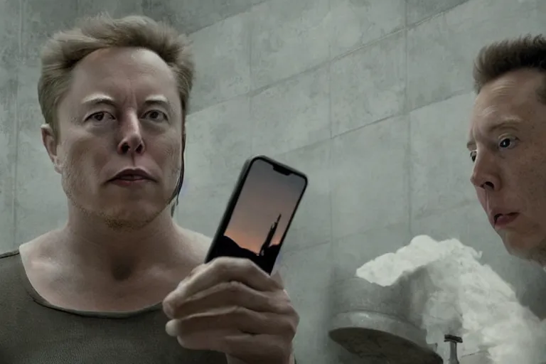 Image similar to hyperrealism aesthetic ridley scott and denis villeneuve style photography of a detailed giant elon musk, siting on a detailed ultra huge toilet and scrolling his smartphone in hyperrealism scene from detailed art house movie in style of alejandro jodorowsky and wes anderson