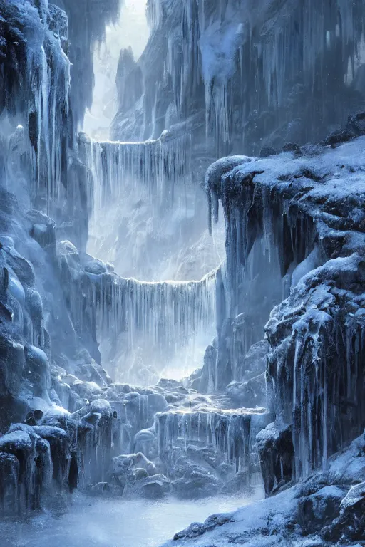 Image similar to a palace made of crystal stone with arches and bridge on top of a waterfall in the snow, blizzard, a small stream runs beneath the waterfall, landscape, raphael lacoste, eddie mendoza, alex ross, concept art, matte painting, highly detailed, rule of thirds, dynamic lighting, cinematic, detailed, denoised, centerd