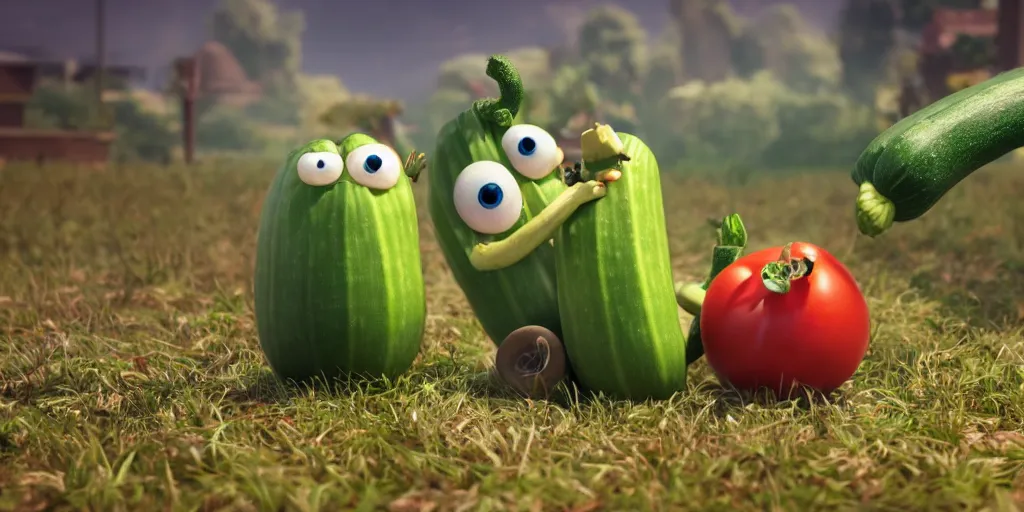 Image similar to detailed 3 d render of a zucchini character hunting after a tomato character, high speed chase, dramatic scene, hyper realistic octane render, cinematic lighting, deviantart, pop - surrealism, lowbrow, frame from pixar movie