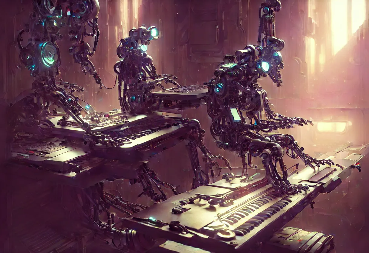 Image similar to beautiful render, funny cyborg synthesizer robot playing keyboards, cyberpunk, sci-fi, fantasy, intricate, elegant, highly detailed, digital painting, artstation, concept art, smooth, sharp focus, octane render, dramatic lighting, art by artgerm and greg rutkowski and alphonse mucha and wlop