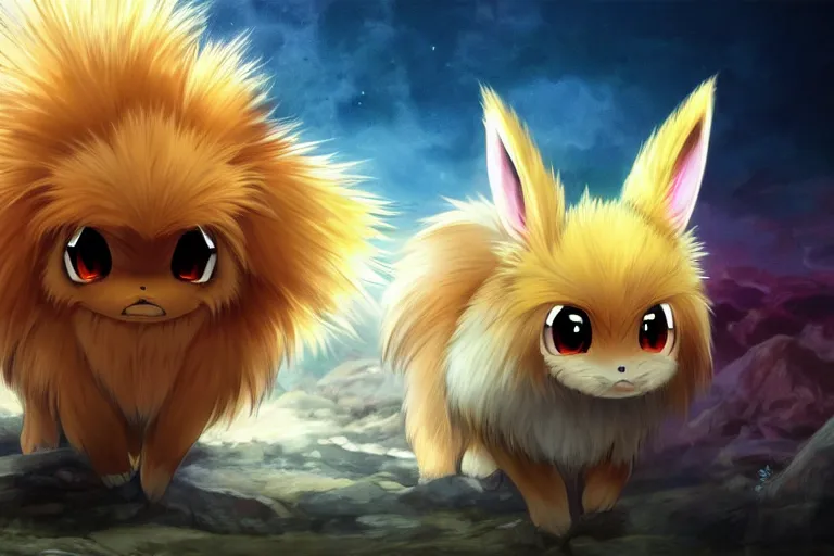 Prompt: fan artist rendering of an angry fuzzy eevee evil pokeball eevee high resolution eevee CGsociety UHD 4K highly detailed, intricate heterochromia eyes