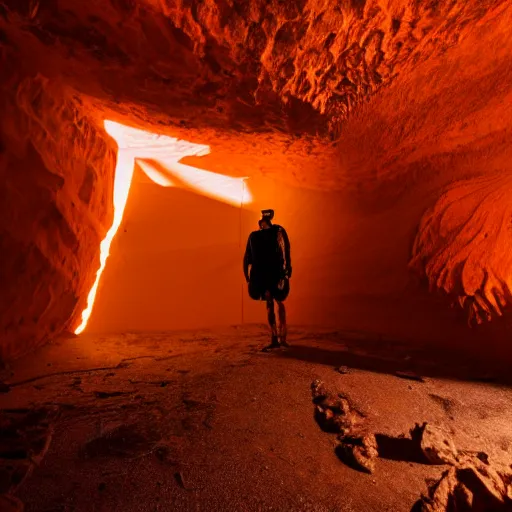 Image similar to photo inside a cave of a building and a giant orange glowing transparent shadow humanoid of one thousand feet of height