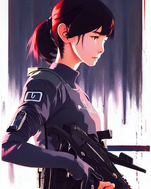 Image similar to girl wearing in tactical gear | | audrey plaza, fine detail!! anime!! realistic shaded lighting!! dramatic!! poster by ilya kuvshinov katsuhiro otomo ghost - in - the - shell, magali villeneuve, artgerm, jeremy lipkin and michael garmash and rob rey