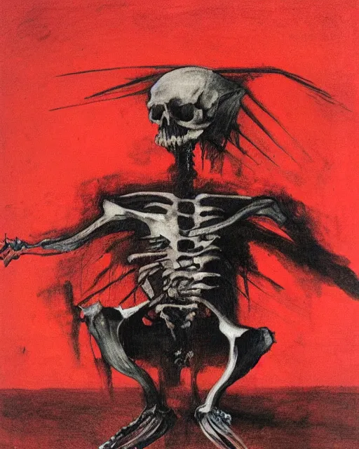 Prompt: Children's drawing of a figure seated on a whale skeleton swimming in the sea by Francisco Goya and Francis Bacon, vibrant red background, mythological painting, oil painting, triadic color scheme, very coherent, Beksinski painting