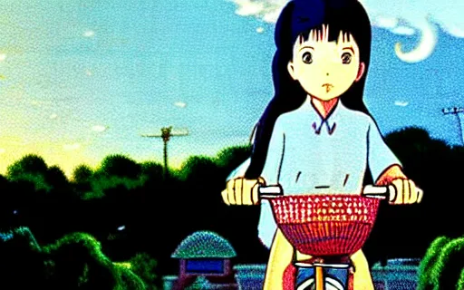 Image similar to a young girl riding a bike with a basket in a small town, 1970s philippines, art by hayao miyazaki, studio ghibli film, hi res, 4k, perfect face