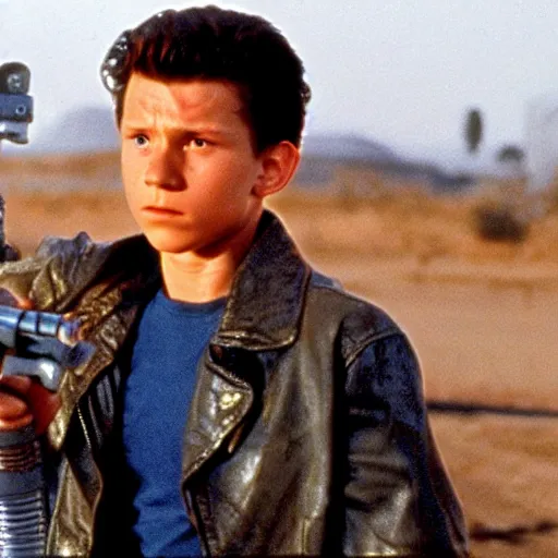 Prompt: tom holland in terminator 2,