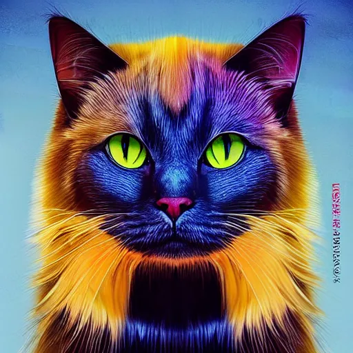 Image similar to symmetry!! portrait of cool and good - looking ragdoll cat, long cat hairs, big cat eyes, colorful lighting, hyperrealistic, trending on pixiv fanbox, style of marvel cinematic universe,