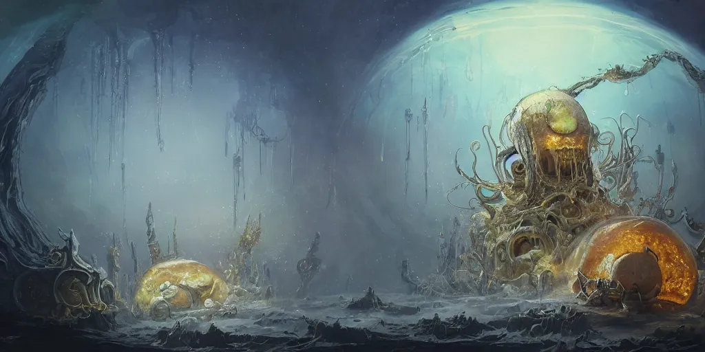 Image similar to concept art of giant translucent glowing jellyfishes, renaissance, divers helmet, lots of teeth, melting horror, round moon, rich clouds, fighting the horrors of the unknown, mirrors, very detailed, volumetric light, mist, grim, fine art, decaying, textured oil over canvas, epic fantasy art, very colorful, ornate, anato finnstark