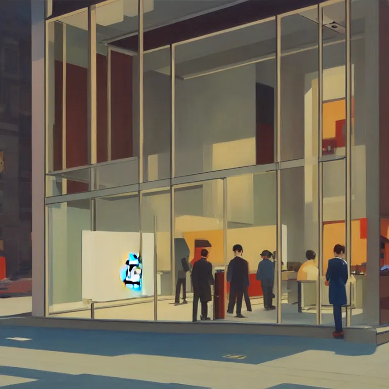 Prompt: apple store opening in Tokyo, painted by Edward Hopper, painted by James Gilleard, airbrush