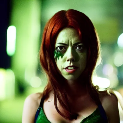 Image similar to film still of !!!Aubrey Plaza!!! as Poison Ivy in The Dark Knight, !!green skin!!, 4k