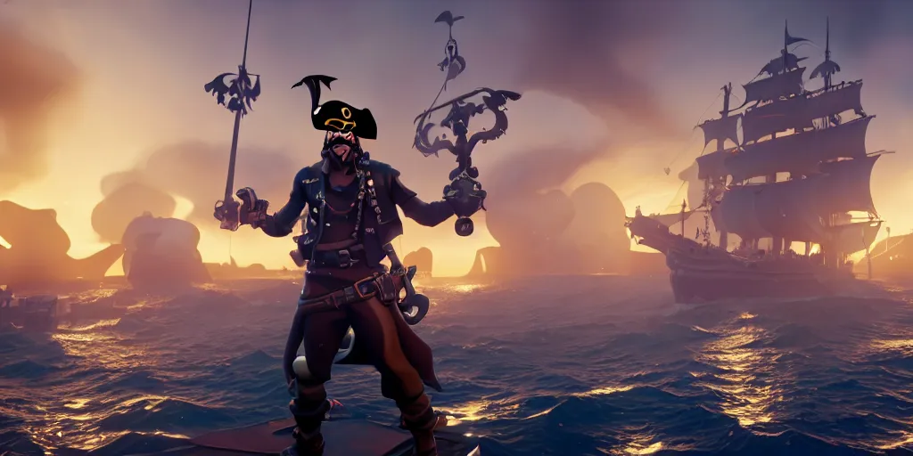 Prompt: a wide shot of a fortnite pirate standing on the front of the ghost ship with the black Jolly Roger flag, the ghost ship is in the middle of the ocean, extremely detailed, pirate portrait, fantasy art overwatch and heartstone, cgsociety, artstation hq, octane render, 8k, stylized 3D CGI art