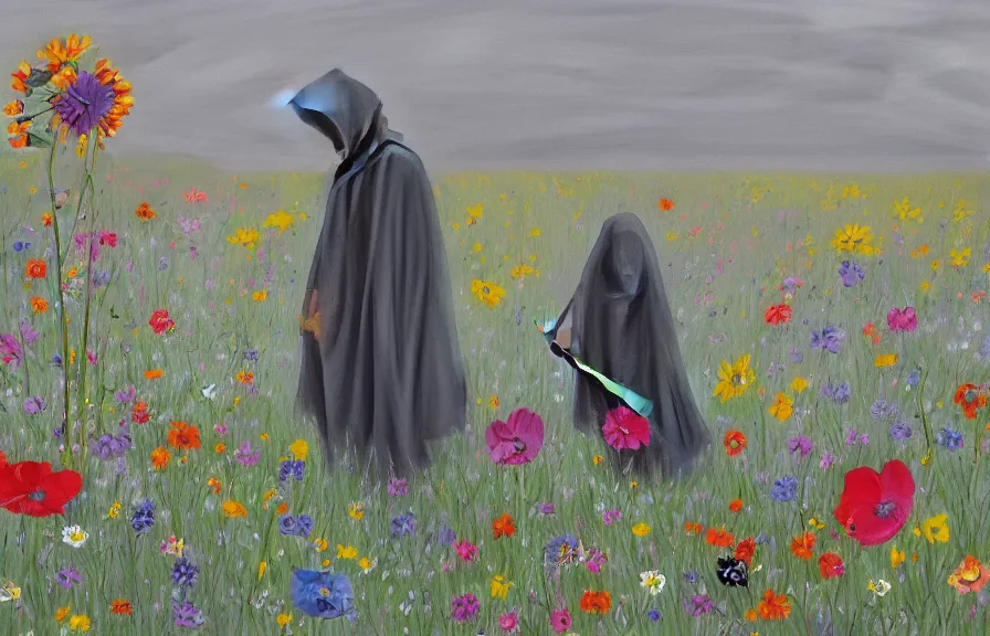 Prompt: grim reaper in a meadow of flowers, gray stormy wather, children drawing