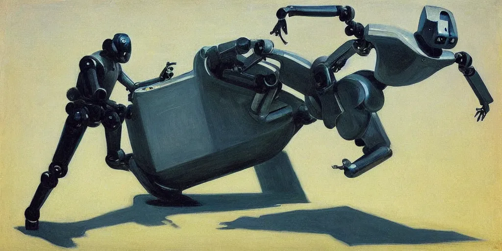 Prompt: “a mechanical bull robot jumping in the air by Edward Hopper”