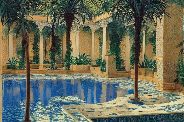 Image similar to painting of a beautiful moorish palace courtyard garden, by arkady rylov and maxfield parrish, patterned tilework, palm trees, tiled fountains, extremely detailed, cinematic lighting, smooth sharp focus