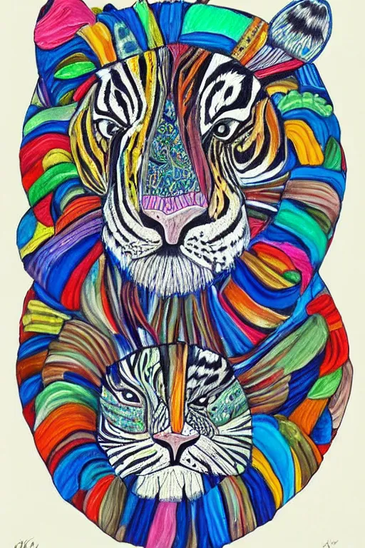 Image similar to an image of a tiger wearing a headdress, a detailed painting by Laurel Burch, pinterest contest winner, psychedelic art, detailed painting, made of beads and yarn, outlined art