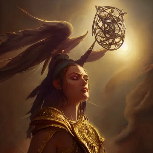 Image similar to a priestess weavering strings of gold, symmetric face, hyperrealism, epic fantasy digital art, fantasy style art, by Greg Rutkowski, fantasy magic the gathering card art style