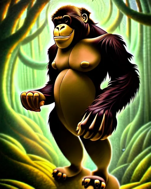 Image similar to don bluth, loish, artgerm, joshua middleton, steampunk, clockpunk anthropomorphic gorilla, brown suit, smiling, symmetrical eyes symmetrical face, colorful animation forest background