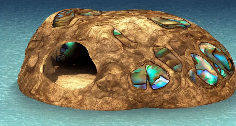 Prompt: giant abalone - shaped seashell house in the ocean, cell shaded, concept art, 3 d