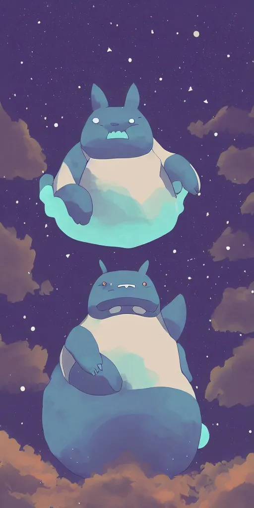 Prompt: giant glowing snorlax totoro, mountain landscape, night sky, digital art, digital painting, celestial, majestic, colorful