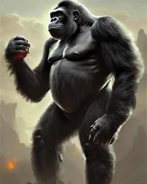 Image similar to winston the gorilla in his armor from overwatch, character portrait, concept art, intricate details, highly detailed by greg rutkowski, michael whelan and gustave dore