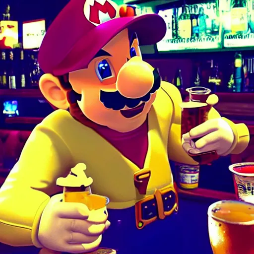 Image similar to super mario chugging a beer and getting drunk at a bar