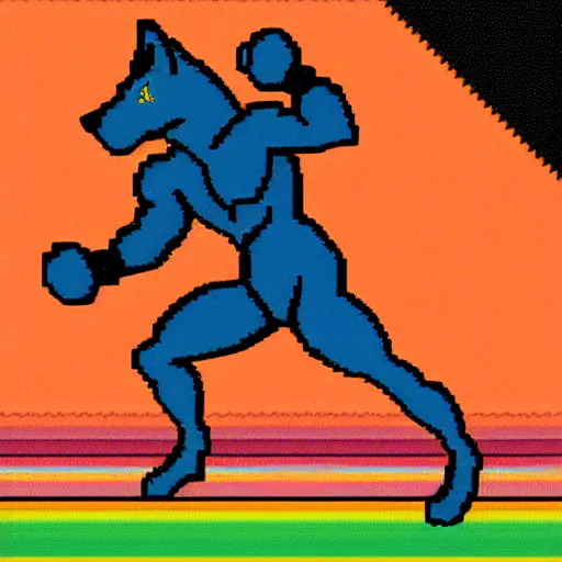 Image similar to full body portrait. 1 6 bit sega graphics. antropomorphic muscular masculine wolf, kickboxer fighter, in shorts, in front of burning street. wolf head. furr on body. at night. 1 9 8 9