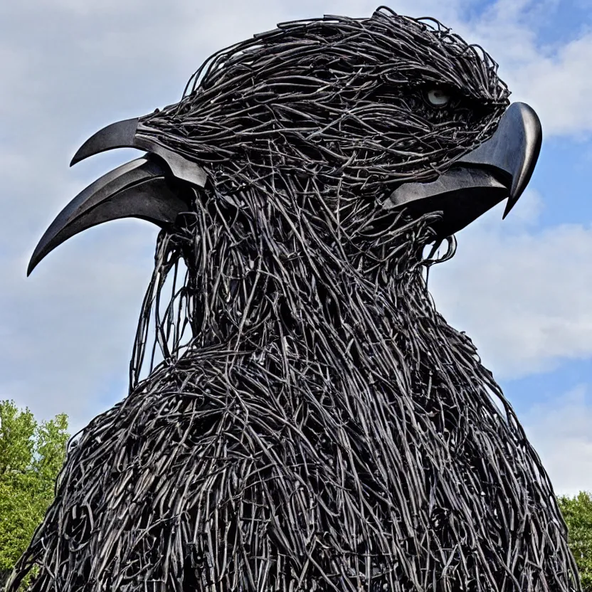 Image similar to imposing scary intricate raven outdoor sculpture made of oily cords