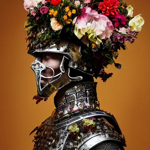 Prompt: a portrait of a beautiful young male wearing an alexander mcqueen armor made of flowers , photographed by andrew thomas huang, artistic