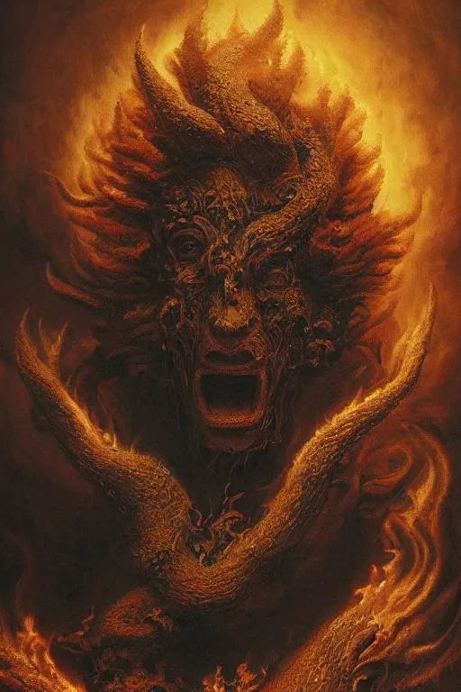 Prompt: Intricate stunning highly detailed fire deity by agostino arrivabene, Greg Rutkowski, sculpture, ultra realistic, Horror vacui, beautiful lighting, full moon, ravens, thick black swirling smoke tornado, burning fire embers, artstation