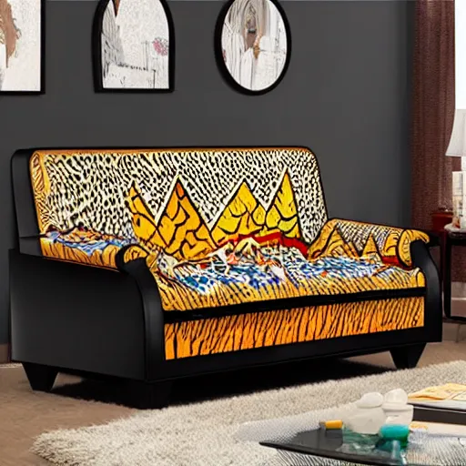 Prompt: boring luminus deflective universe pyramid tiger resin couch loveseat , by Bob Ross and Beeple and Roy Lichtenstein , fauvist , 8K , cubist