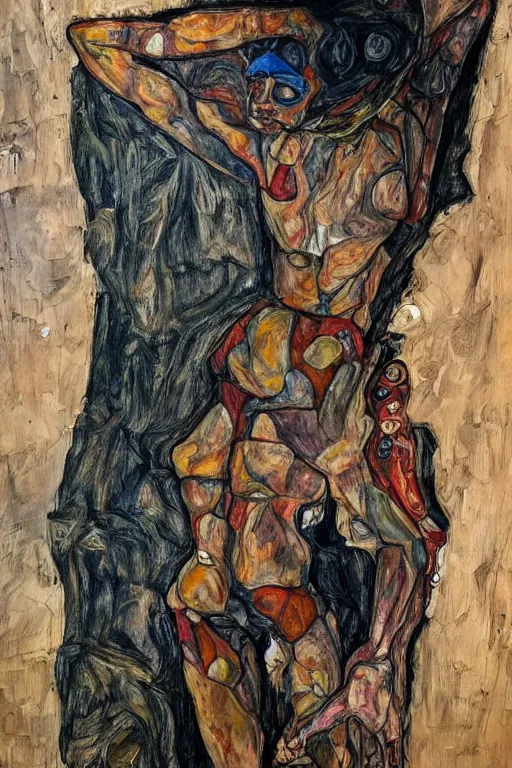 Image similar to a full body character with multiple lifted arms in style of egon schiele and herakut, masterpiece, hyperdetailed, complex, intricate, veiled, 4 k, dynamic!!